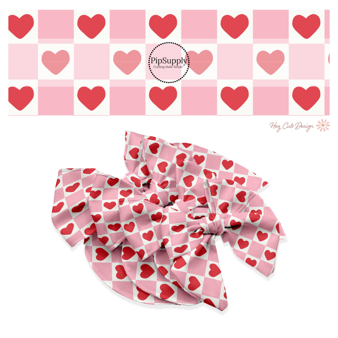 These holiday no sew bow strips can be easily tied and attached to a clip for a finished hair bow. These festive bow strips are great for personal use or to sell. These bow strips feature the following design elements: red hearts on pink and cream checkers.