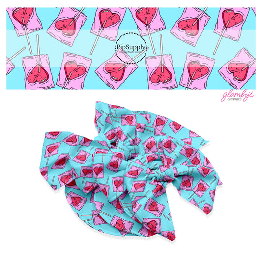 Wrapped heart suckers on blue hair bow strips