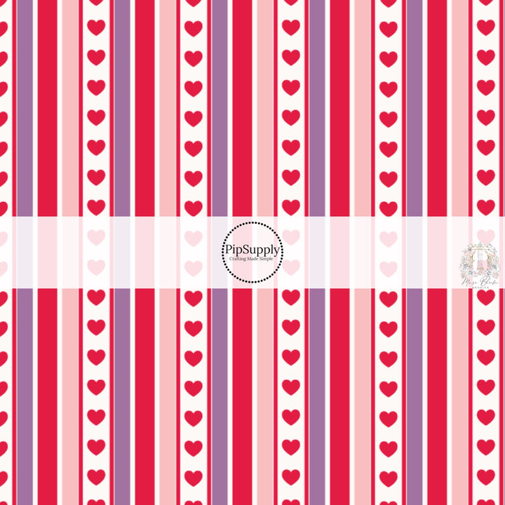 Pink, purple, and red stripes with red hearts hair bow strips