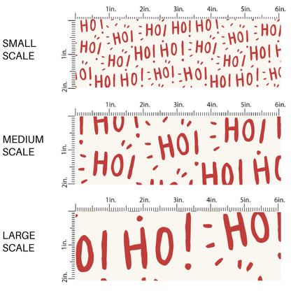 These Christmas themed pattern fabric by the yard features the following design elements: "HO! HO! HO!" on cream. This fun themed fabric can be used for all your sewing and crafting needs!