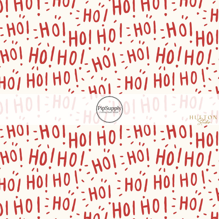 These Christmas themed pattern fabric by the yard features the following design elements: "HO! HO! HO!" on cream. This fun themed fabric can be used for all your sewing and crafting needs!