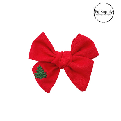 Red Linen Embroidered Christmas Tree Hair Bow Strip - Ruth