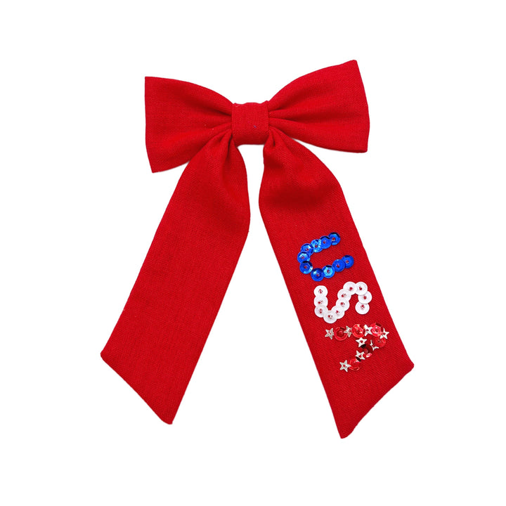 These patriotic linen pre-cut tied bows are ready to package and resell to your customers no sewing or measuring necessary! These hair bows come with a clip already attached. The linen bow has "USA" sequins.