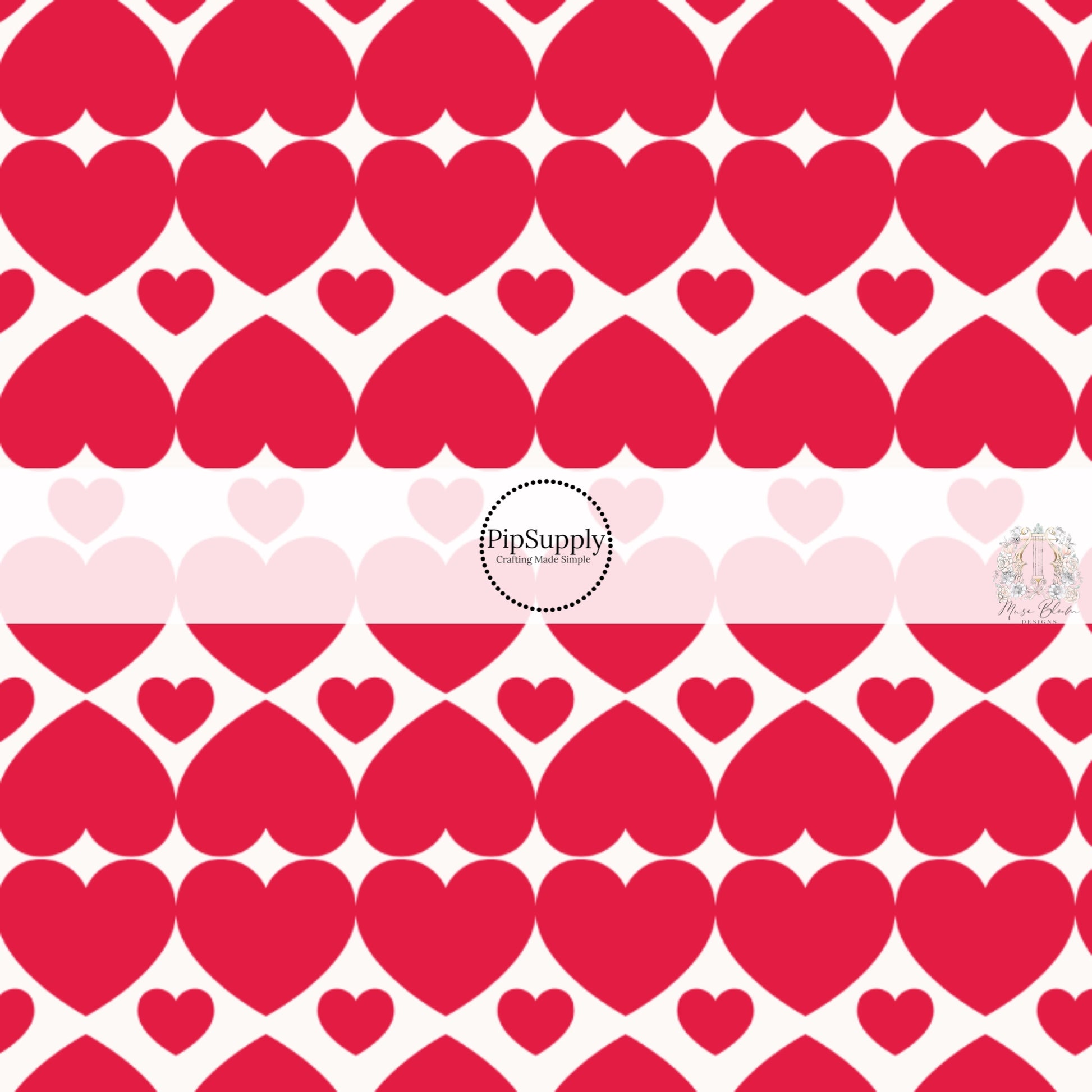 Little and big red hearts on white hair bow strips