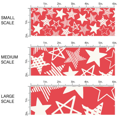 This scale chart of small scale, medium scale, and large scale of this 4th of July fabric by the yard features patriotic white patterned stars on red. This fun patriotic themed fabric can be used for all your sewing and crafting needs!