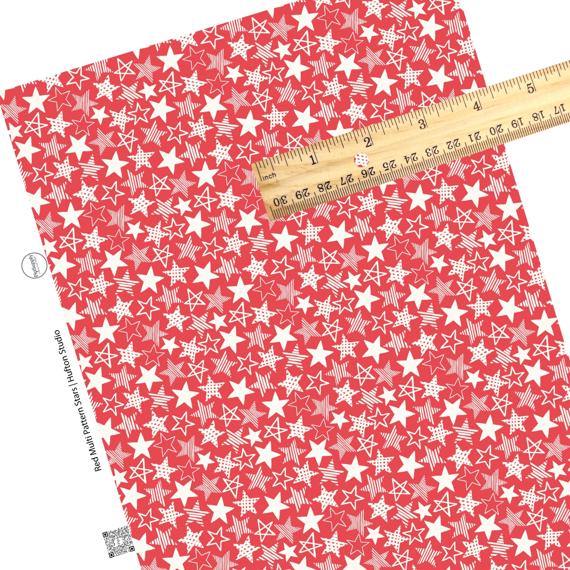 These 4th of July faux leather sheets contain the following design elements: patriotic white patterned stars on red. Our CPSIA compliant faux leather sheets or rolls can be used for all types of crafting projects.