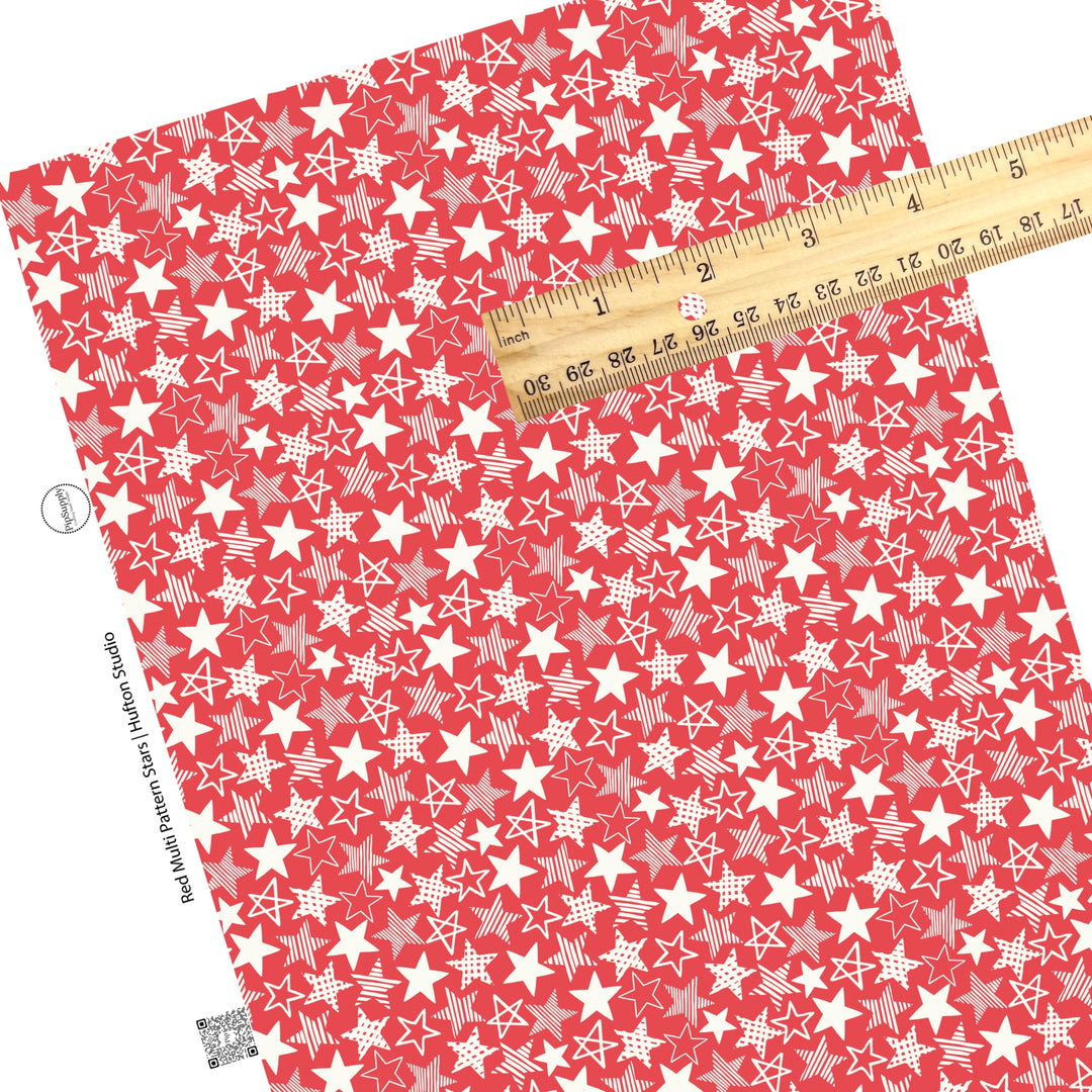 These 4th of July faux leather sheets contain the following design elements: patriotic white patterned stars on red. Our CPSIA compliant faux leather sheets or rolls can be used for all types of crafting projects.