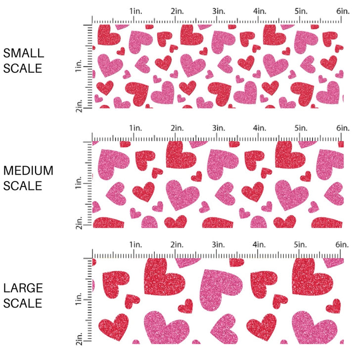 This holiday fabric by the yard features red and pink hearts. This festive pattern fabric can be used for all your sewing and crafting needs!