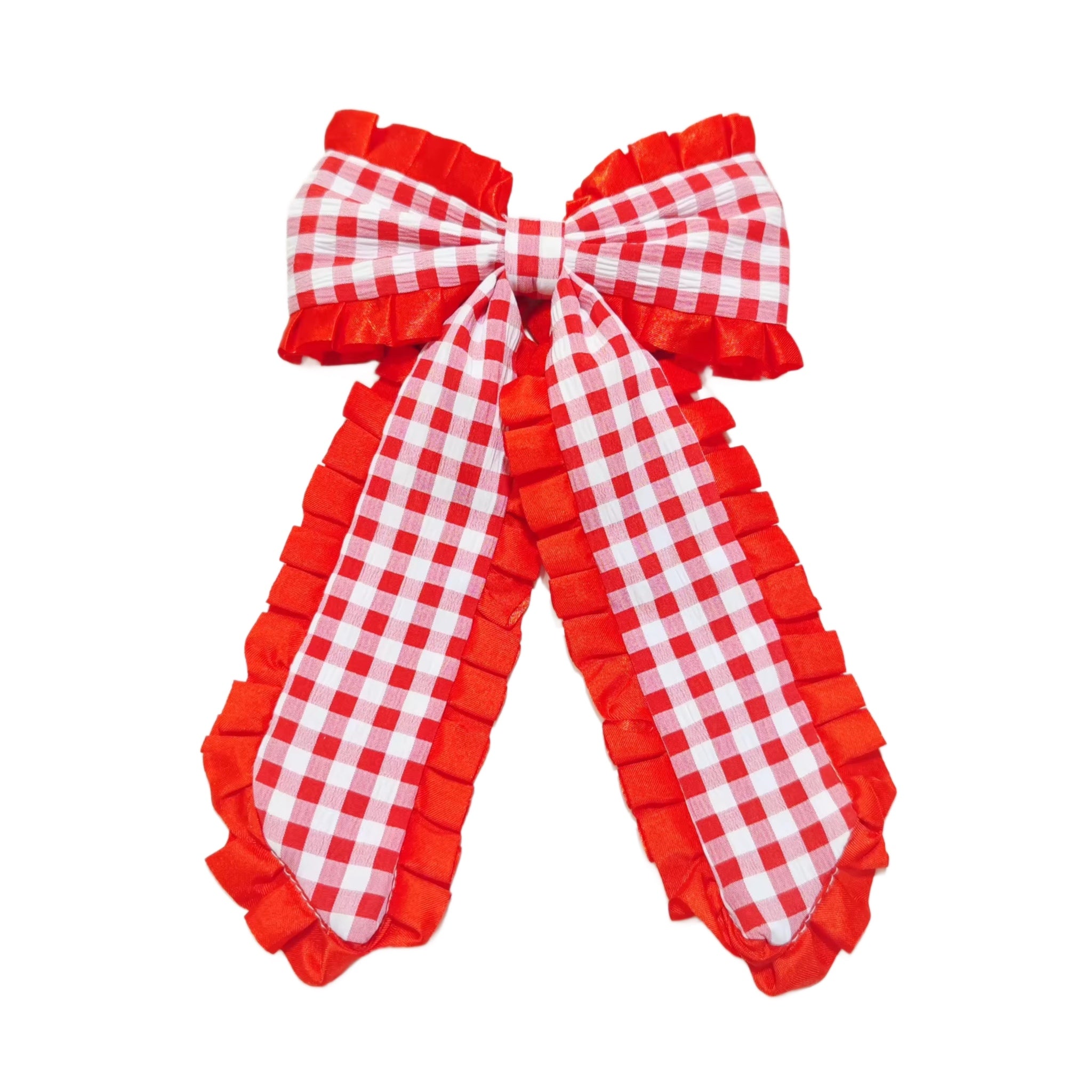 Patriotic Ribbon Edge Long Tail Hair Bows - Red Plaid Ribbon Edge Long ...