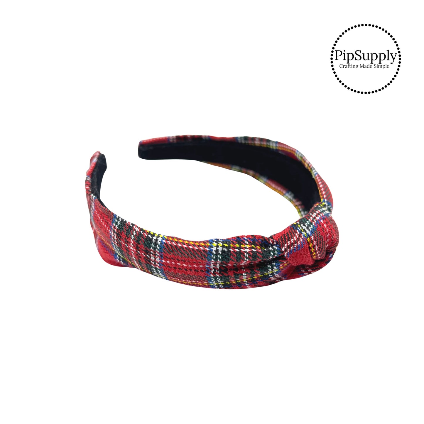 Red multi plaid woven knotted headband