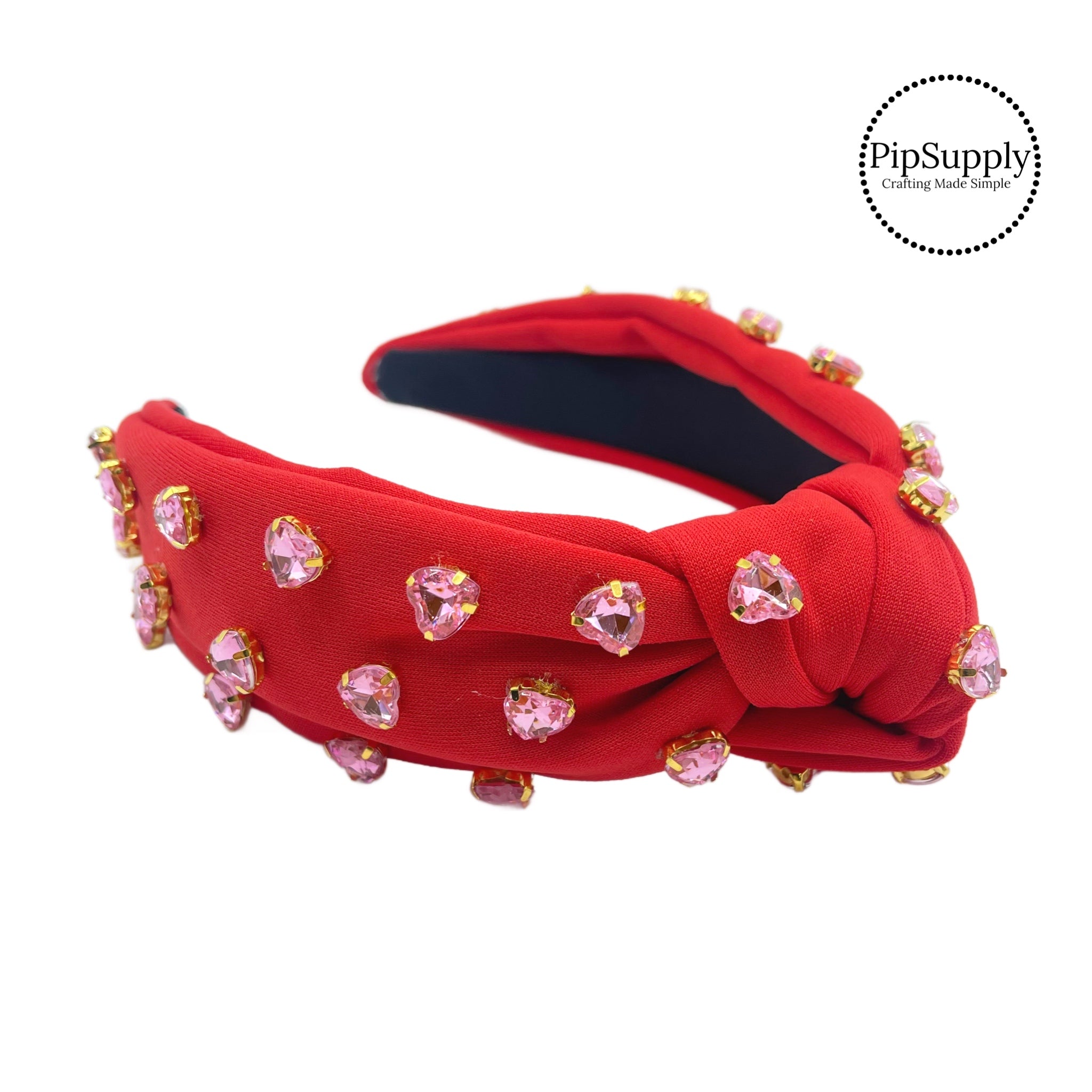 Embellished Heart Rhinestones On Red Nylon Knotted Headbands Red