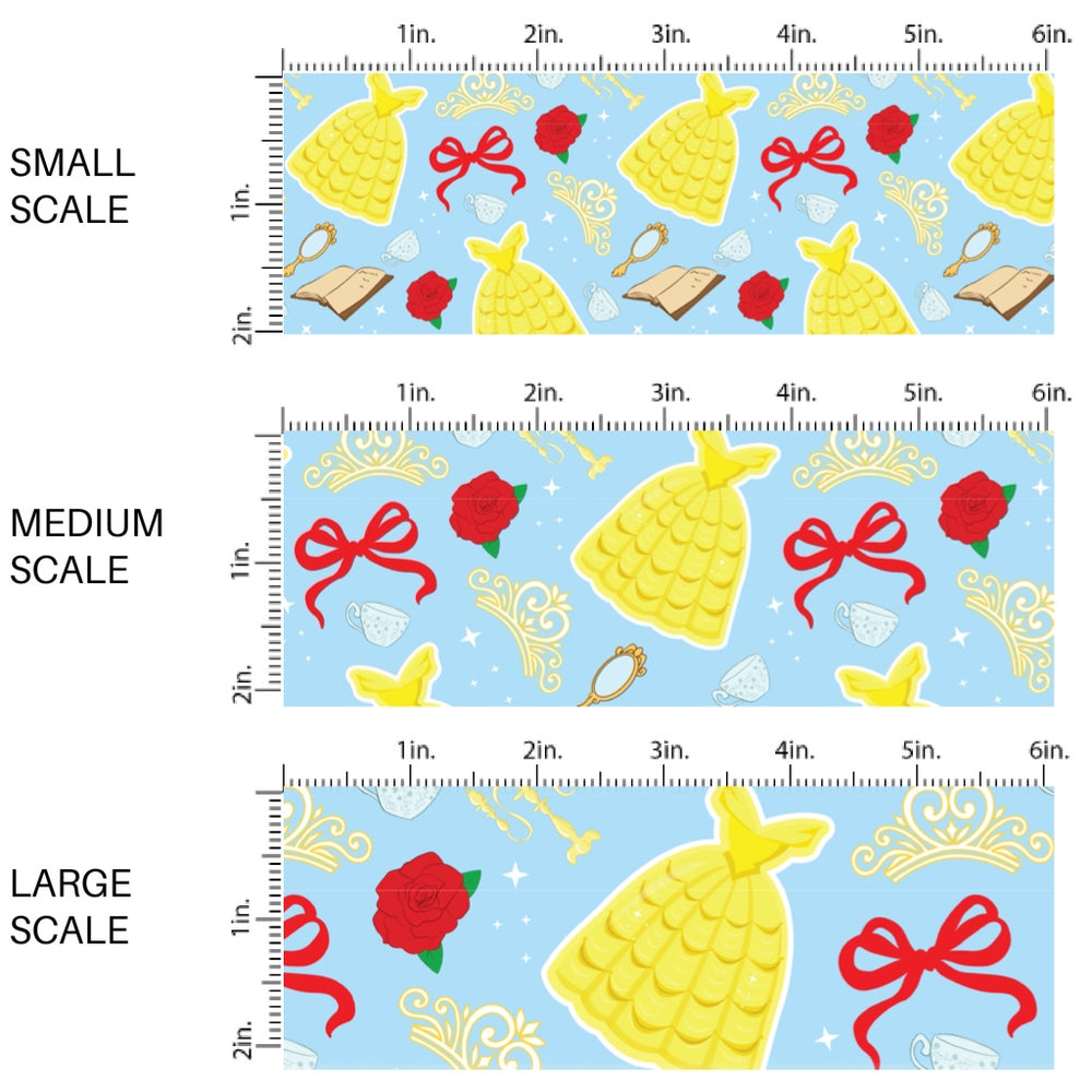 These magical princess themed fabric by the yard features princess dresses, bows, and tiaras on a blue pattern. This fun pattern fabric can be used for all your sewing and crafting needs!