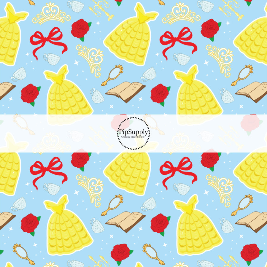 These magical princess themed fabric by the yard features princess dresses, bows, and tiaras on a blue pattern. This fun pattern fabric can be used for all your sewing and crafting needs!