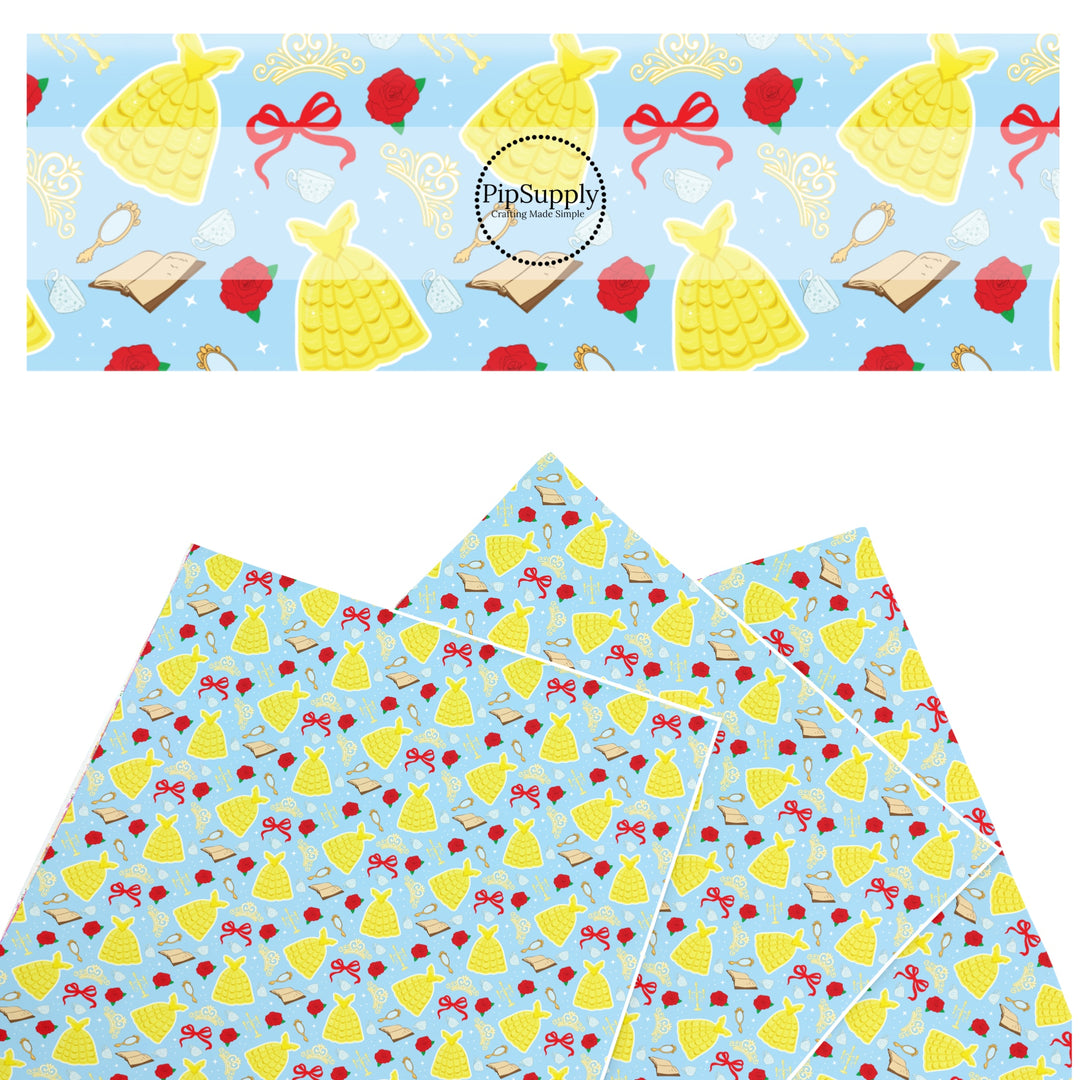 These magical princess themed faux leather sheets contain the following design elements: princess dresses, bows, tiaras on a blue pattern. Our CPSIA compliant faux leather sheets or rolls can be used for all types of crafting projects.