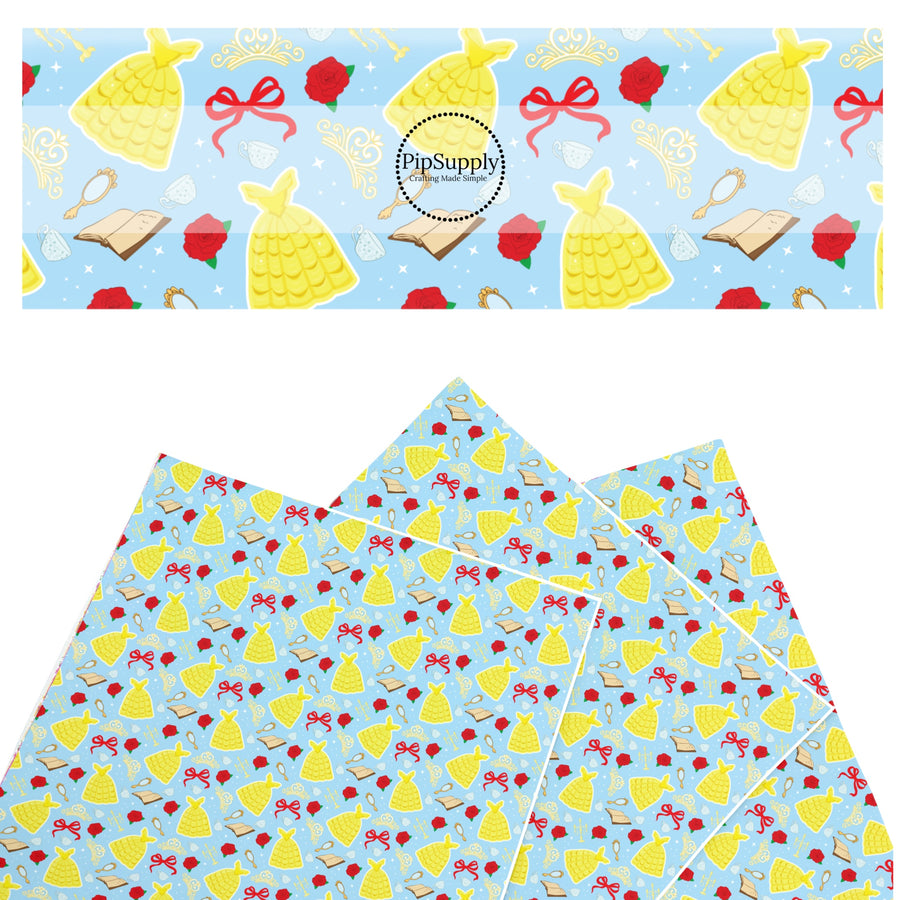 These magical princess themed faux leather sheets contain the following design elements: princess dresses, bows, tiaras on a blue pattern. Our CPSIA compliant faux leather sheets or rolls can be used for all types of crafting projects.