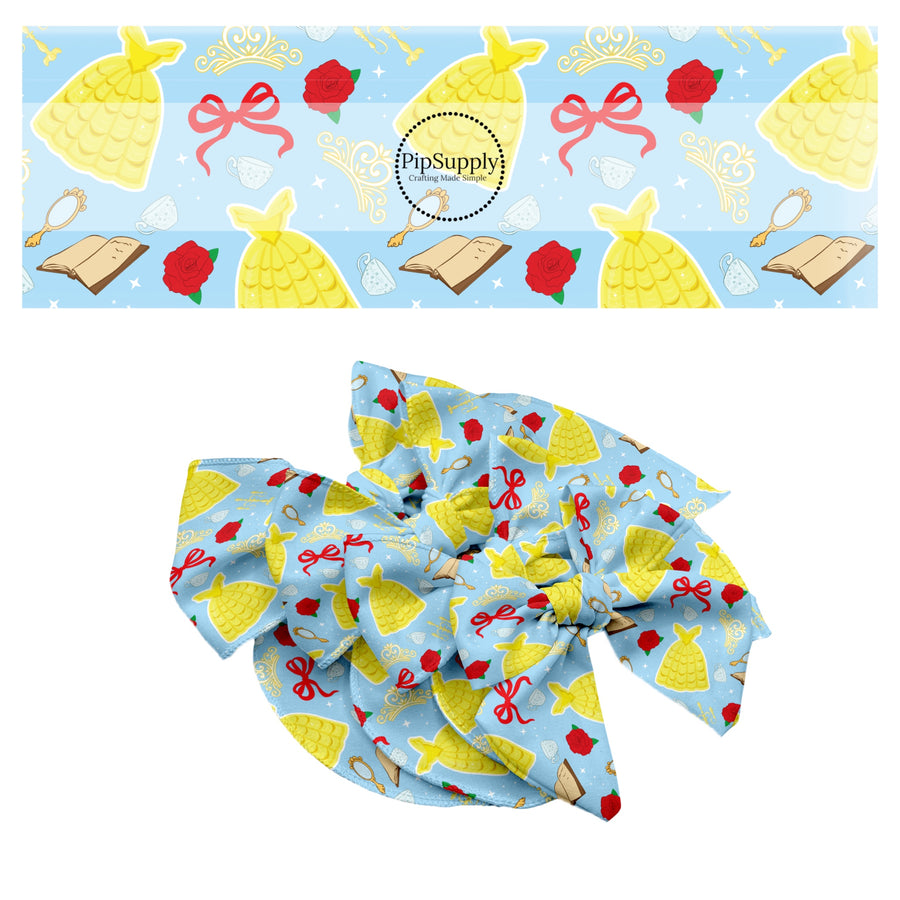 These magical princess themed no sew bow strips can be easily tied and attached to a clip for a finished hair bow. These bow strips are great for personal use or to sell. These bow strips feature the following design elements: princess dresses, bows, and tiaras on a blue pattern.