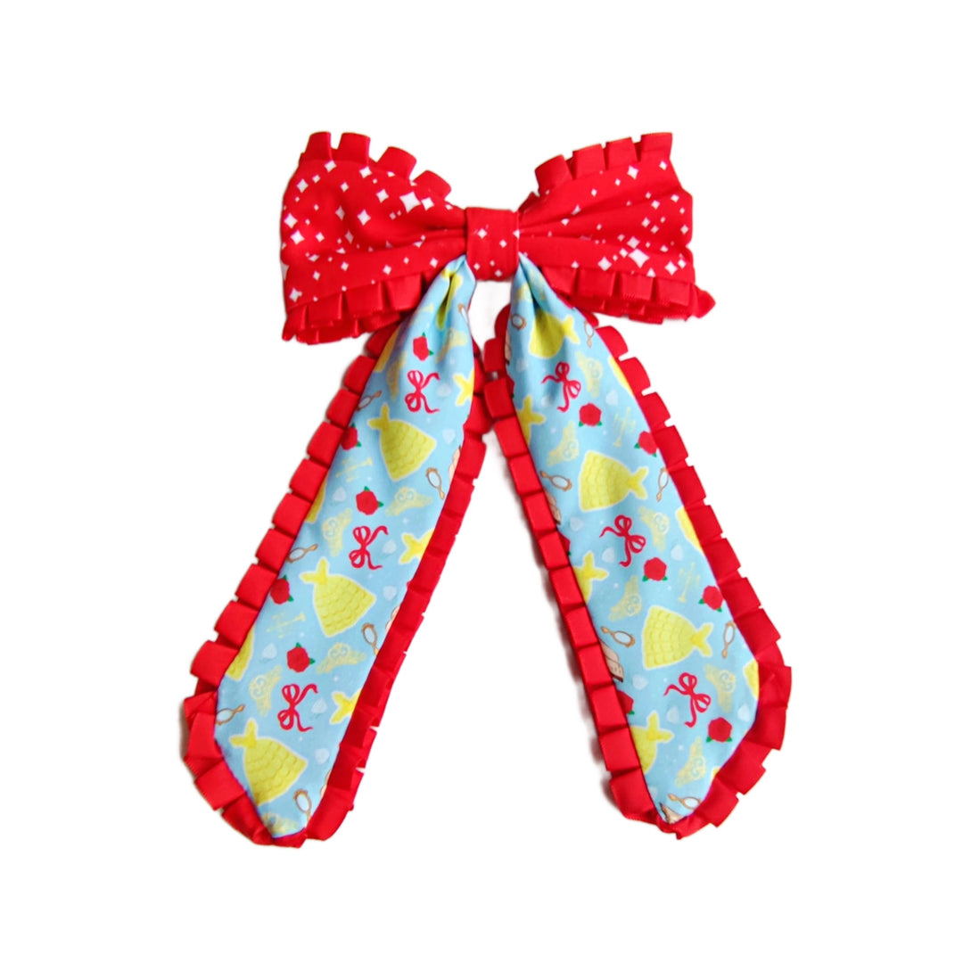 These princess themed ruffled long tail pre-cut tied bows are ready to package and resell to your customers no sewing or measuring necessary! These hair bows come with a clip already attached.