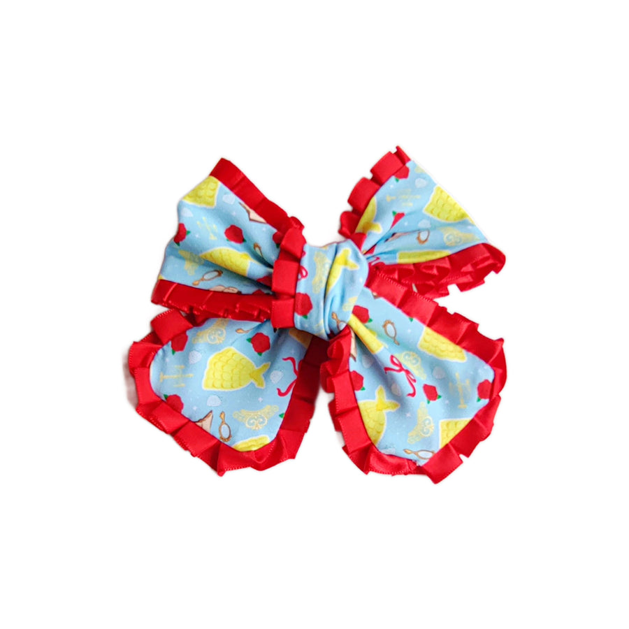 These princess themed ruffled pinwheel pre-cut tied bows are ready to package and resell to your customers no sewing or measuring necessary! These hair bows come with a clip already attached.