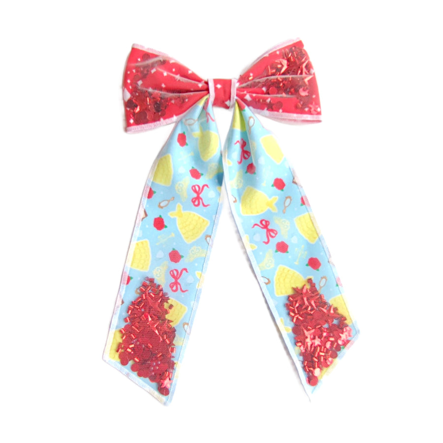 These princess themed long tail shaker pre-cut tied bows are ready to package and resell to your customers no sewing or measuring necessary! These hair bows come with a clip already attached. The shaker bows come pre-filled with a pattern mix.