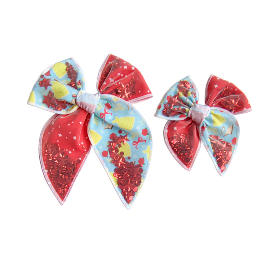 These princess themed shaker two toned pre-cut tied bows are ready to package and resell to your customers no sewing or measuring necessary! These hair bows come with a clip already attached. The shaker bows come pre-filled with princess inspired pattern mix.