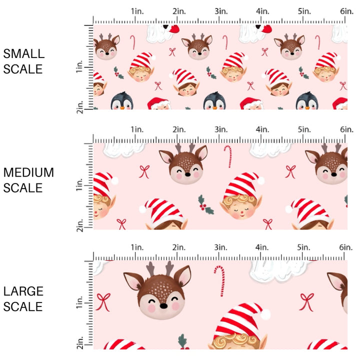 These Santa themed pattern fabric by the yard features the following design elements: Santa, elves, and friends surrounded by candy canes on pink. This fun themed fabric can be used for all your sewing and crafting needs!