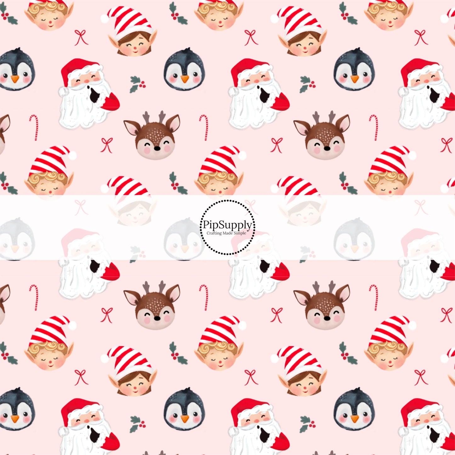 These Santa themed pattern fabric by the yard features the following design elements: Santa, elves, and friends surrounded by candy canes on pink. This fun themed fabric can be used for all your sewing and crafting needs!