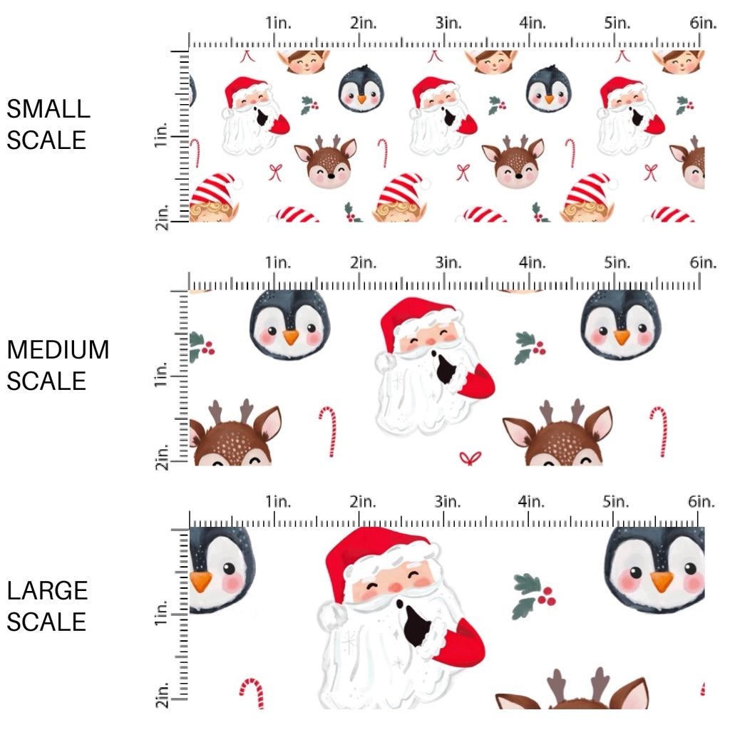 These Santa themed pattern fabric by the yard features the following design elements: Santa, elves, and friends surrounded by candy canes on white. This fun themed fabric can be used for all your sewing and crafting needs!