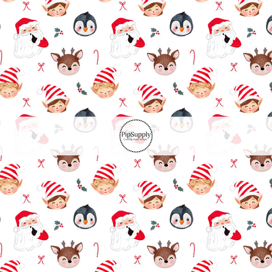 These Santa themed pattern fabric by the yard features the following design elements: Santa, elves, and friends surrounded by candy canes on white. This fun themed fabric can be used for all your sewing and crafting needs!