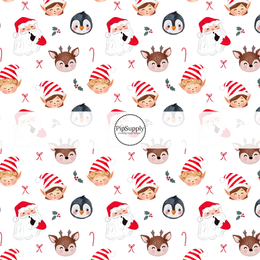 These Santa themed pattern fabric by the yard features the following design elements: Santa, elves, and friends surrounded by candy canes on white. This fun themed fabric can be used for all your sewing and crafting needs!