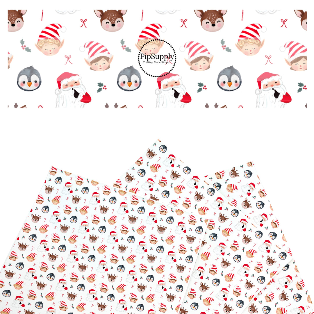 These Santa themed pattern faux leather sheets contain the following design elements: Santa, elves, and friends surrounded by candy canes on white. Our CPSIA compliant faux leather sheets or rolls can be used for all types of crafting projects.