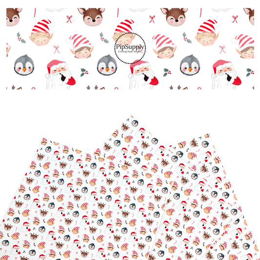 These Santa themed pattern faux leather sheets contain the following design elements: Santa, elves, and friends surrounded by candy canes on white. Our CPSIA compliant faux leather sheets or rolls can be used for all types of crafting projects.