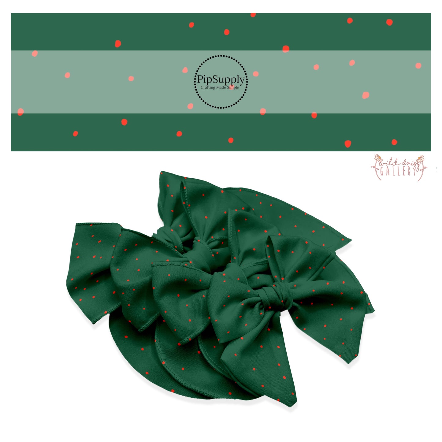 Scattered red dots on green hair bow strips