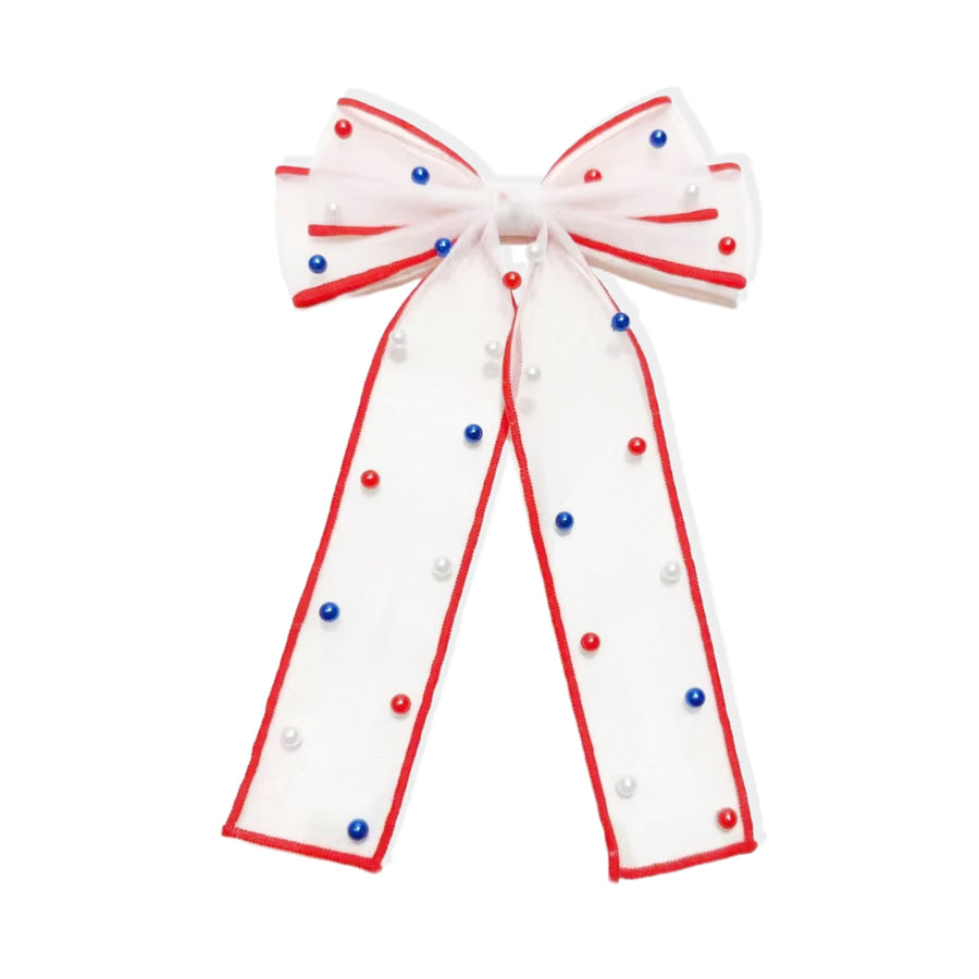 These patriotic tulle pearl long tail pre-cut tied bows are ready to package and resell to your customers no sewing or measuring necessary! These hair bows come with a clip already attached.