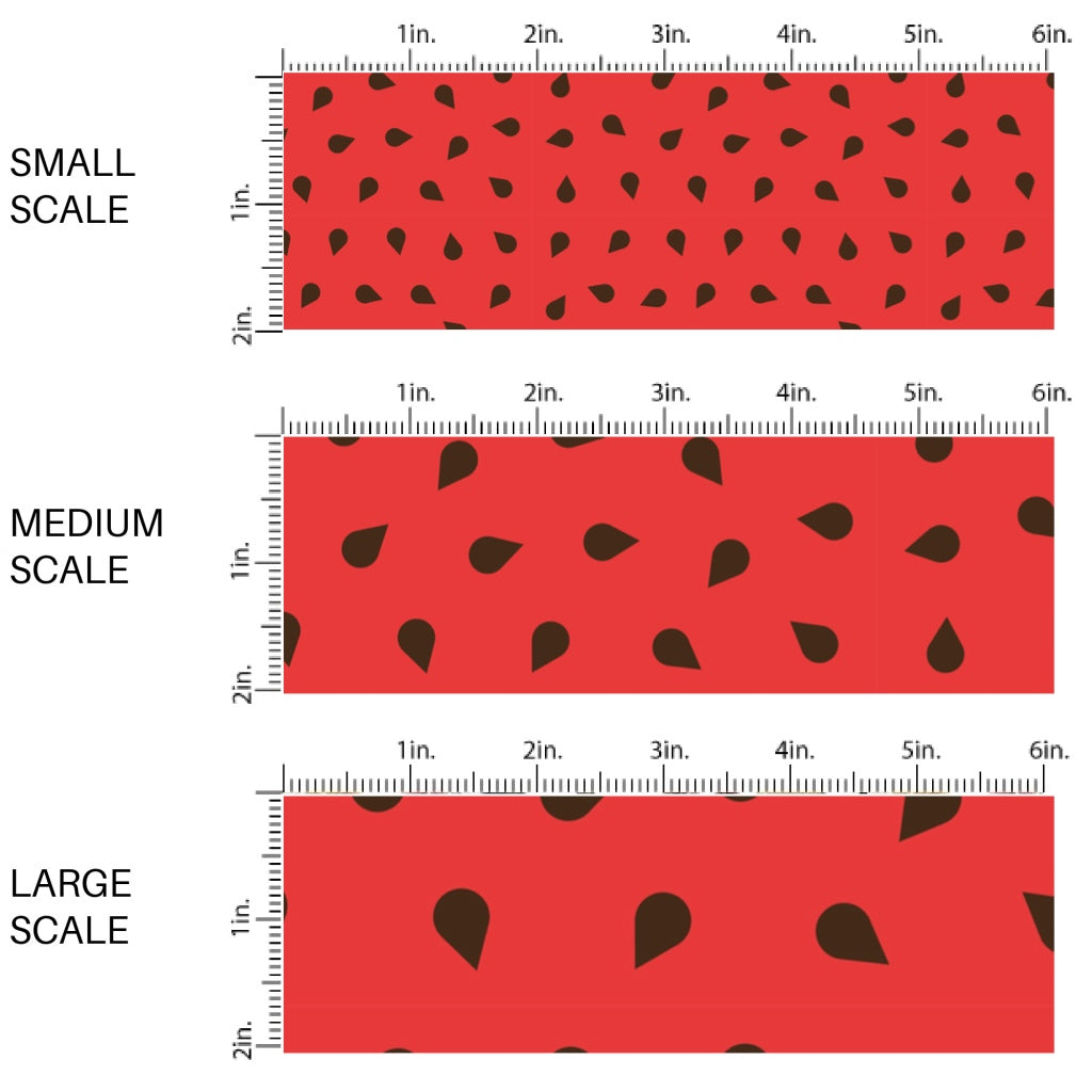 This scale chart of small scale, medium scale, and large scale of this fruit fabric by the yard features red watermelon seeds. This fun fruit fabric can be used for all your sewing and crafting needs!