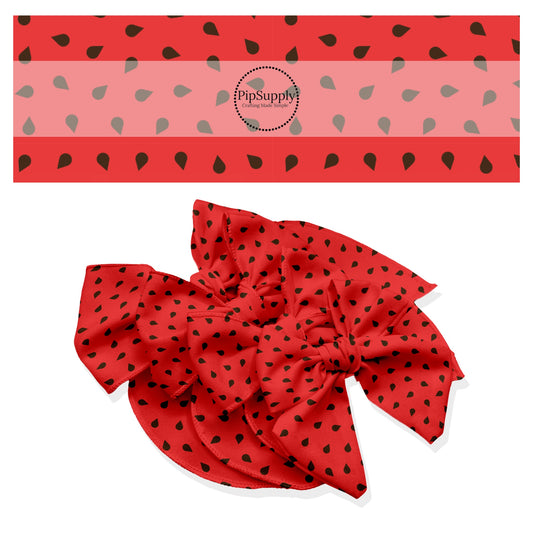 These fruit themed no sew bow strips can be easily tied and attached to a clip for a finished hair bow. These patterned bow strips are great for personal use or to sell. These bow strips features red watermelon seeds.