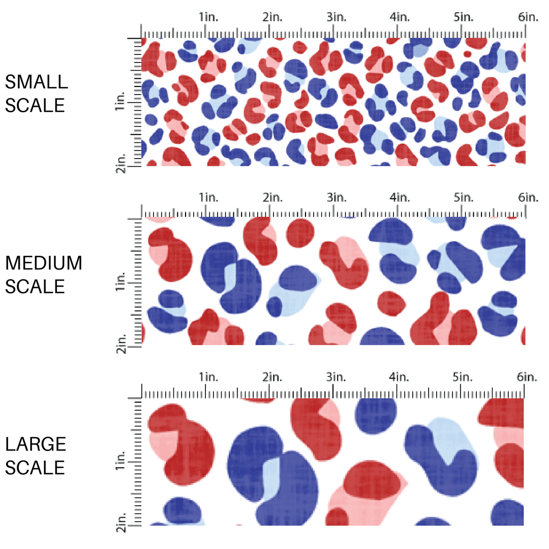 The scale chart of small scale, medium scale, and large scale of these patriotic red and blue cheetah spots on white fabric by the yard features small red and blue cheetah print pattern.