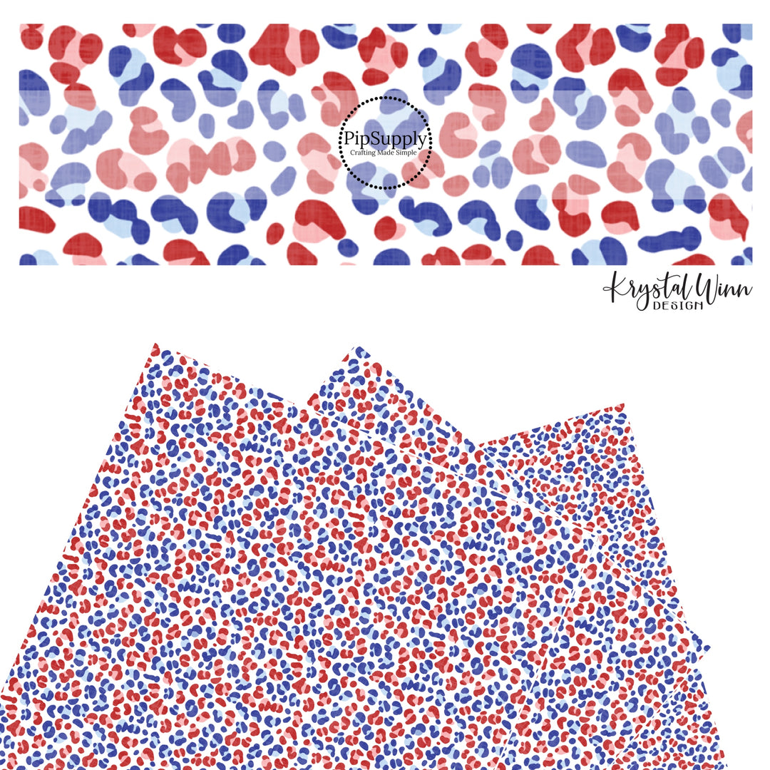 These patriotic red and blue cheetah spots on white faux leather sheets contain the following design elements: small red and blue cheetah print. 