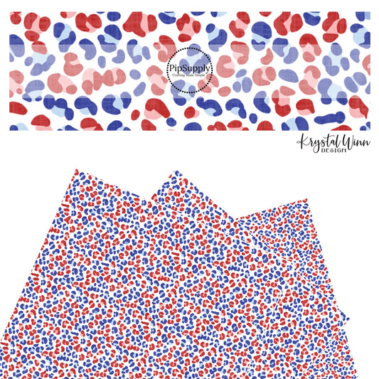 These patriotic red and blue cheetah spots on white faux leather sheets contain the following design elements: small red and blue cheetah print. 