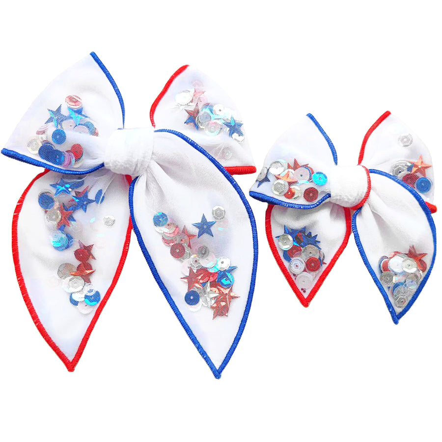 These patriotic red, white, and blue shaker pre-cut tied bows are ready to package and resell to your customers no sewing or measuring necessary! These hair bows come with a clip already attached. The shaker bows come pre-filled with patriotic stars and sequin mix.