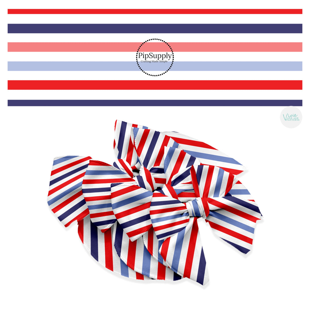 These 4th of July themed no sew bow strips can be easily tied and attached to a clip for a finished hair bow. These patterned bow strips are great for personal use or to sell. These bow strips features red, white, and blue stripes.