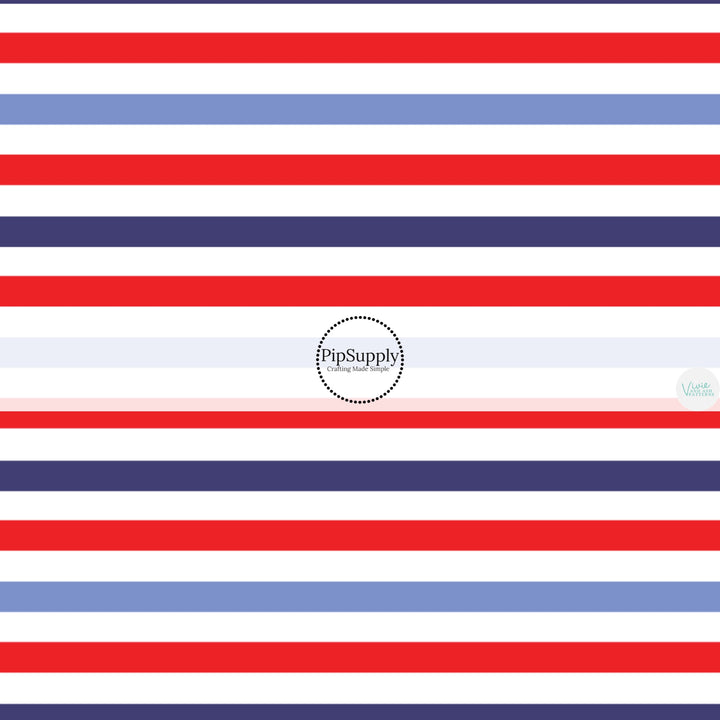 These 4th of July themed no sew bow strips can be easily tied and attached to a clip for a finished hair bow. These patterned bow strips are great for personal use or to sell. These bow strips features red, white, and blue stripes.