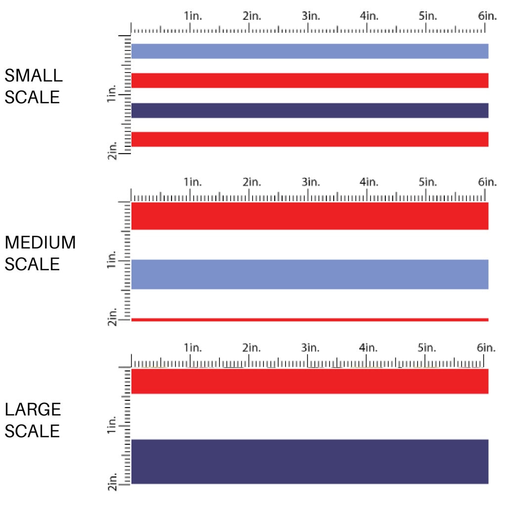 This scale chart of small scale, medium scale, and large scale of this 4th of July fabric by the yard features red, white, and blue stripes. This fun patriotic themed fabric can be used for all your sewing and crafting needs!