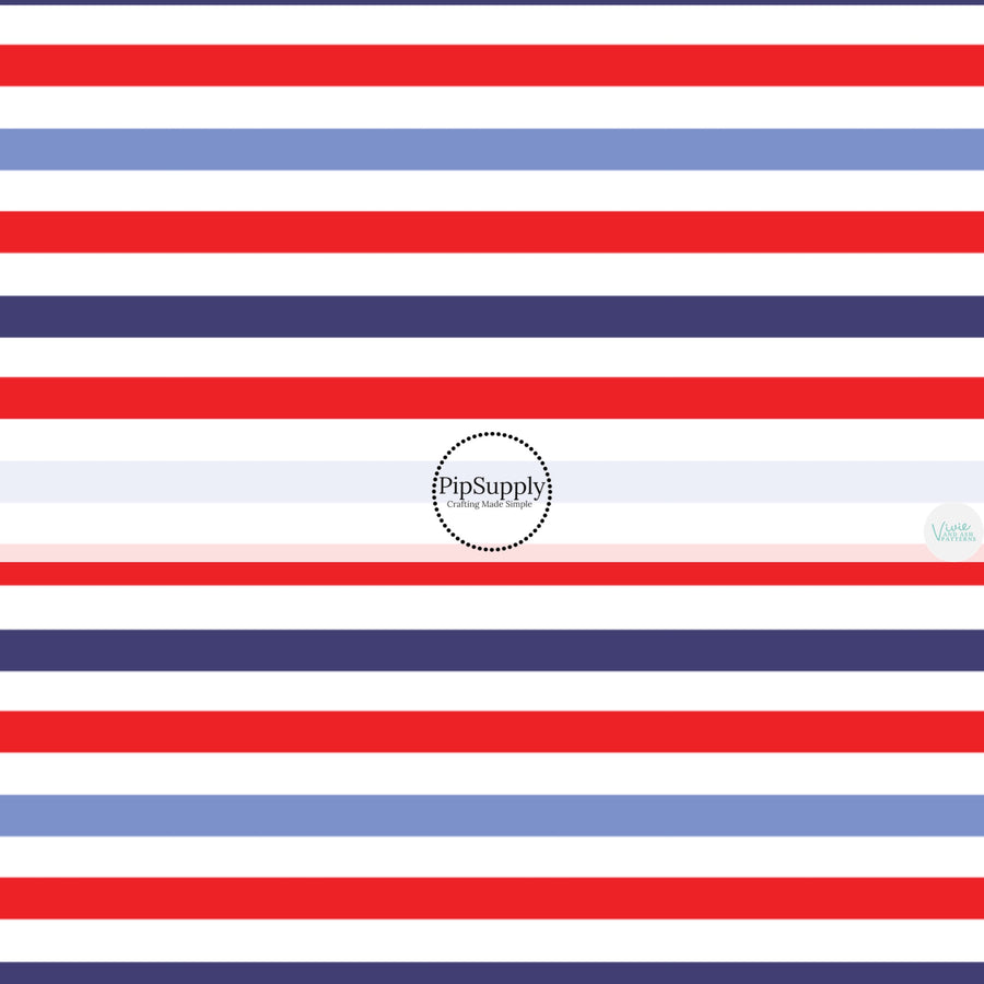 This 4th of July fabric by the yard features red, white, and blue stripes. This fun patriotic themed fabric can be used for all your sewing and crafting needs!