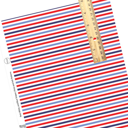 These 4th of July faux leather sheets contain the following design elements: red, white, and blue stripes. Our CPSIA compliant faux leather sheets or rolls can be used for all types of crafting projects.