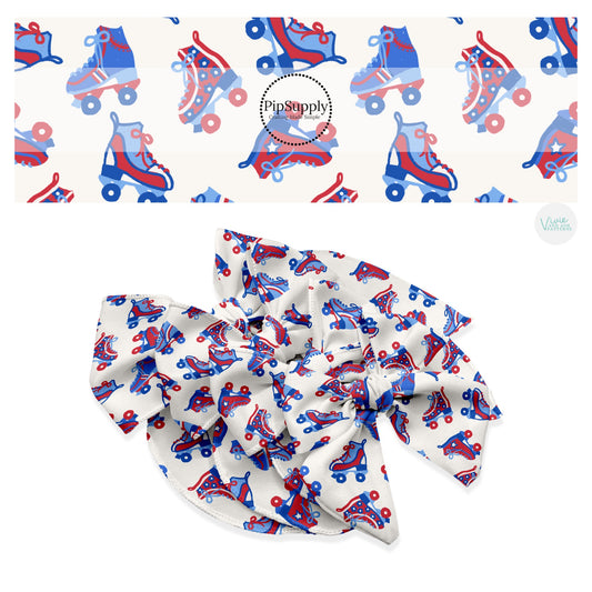 These 4th of July themed no sew bow strips can be easily tied and attached to a clip for a finished hair bow. These patterned bow strips are great for personal use or to sell. These bow strips features patriotic roller skates on cream.