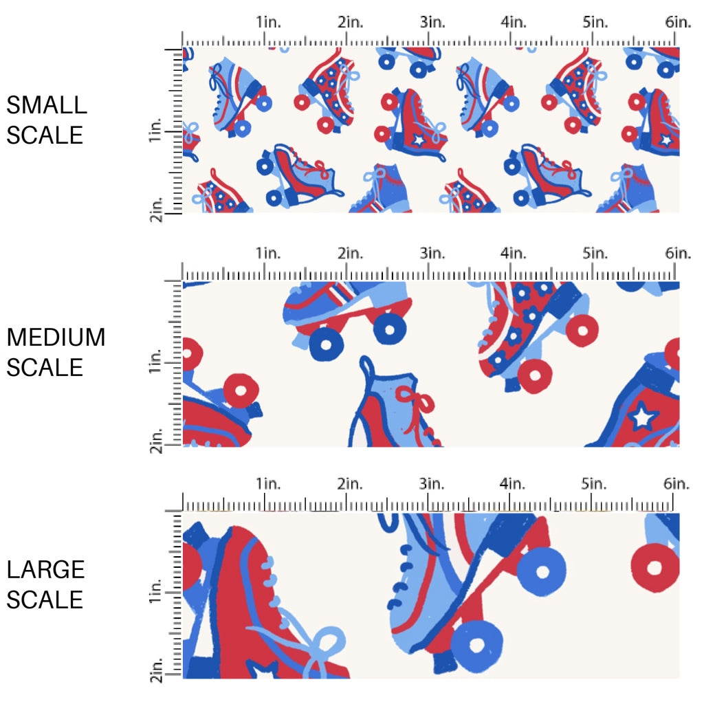 This scale chart of small scale, medium scale, and large scale of this 4th of July fabric by the yard features patriotic roller skates on cream. This fun patriotic themed fabric can be used for all your sewing and crafting needs!