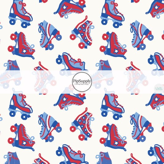 This 4th of July fabric by the yard features patriotic roller skates on cream. This fun patriotic themed fabric can be used for all your sewing and crafting needs!