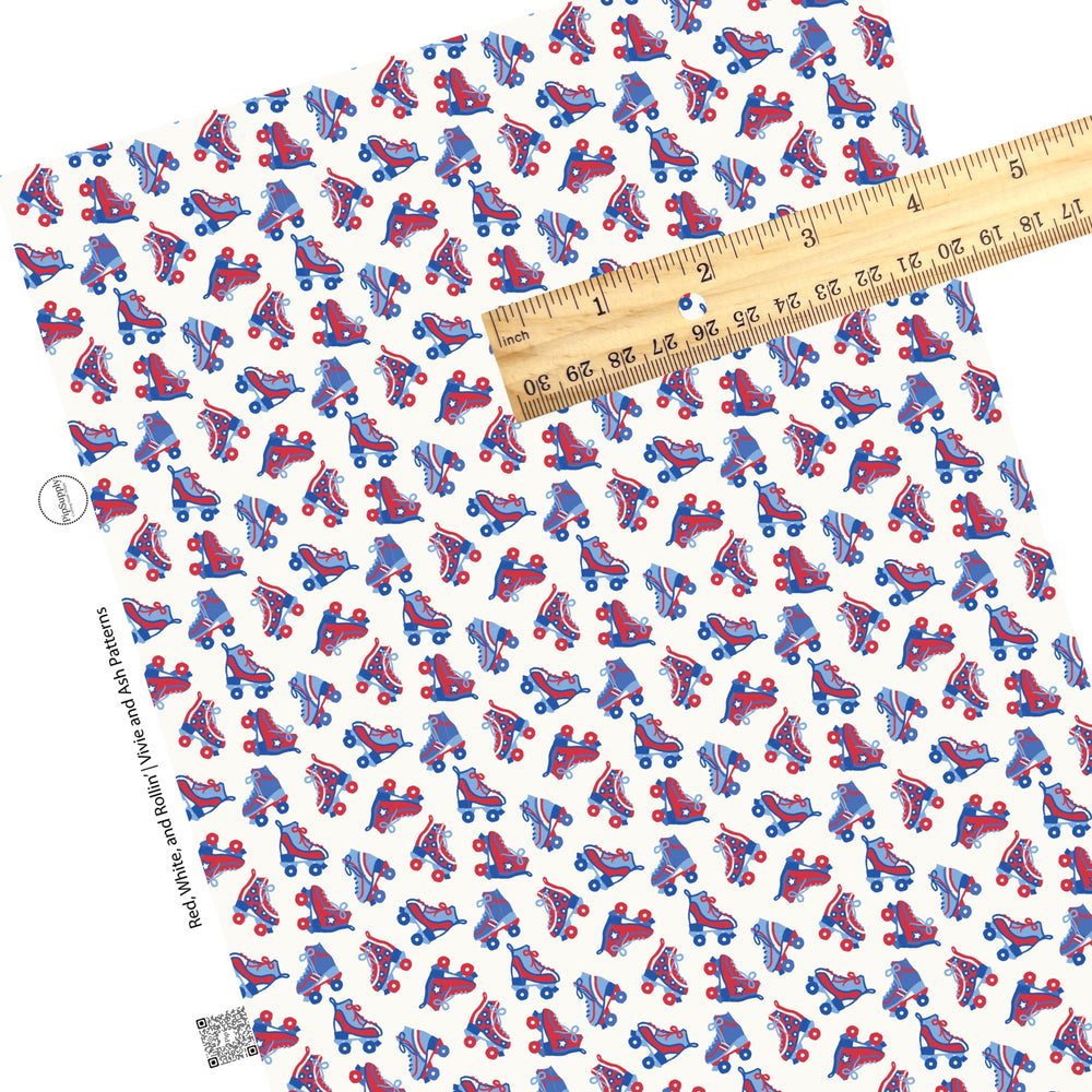 These 4th of July faux leather sheets contain the following design elements: patriotic roller skates on cream. Our CPSIA compliant faux leather sheets or rolls can be used for all types of crafting projects.