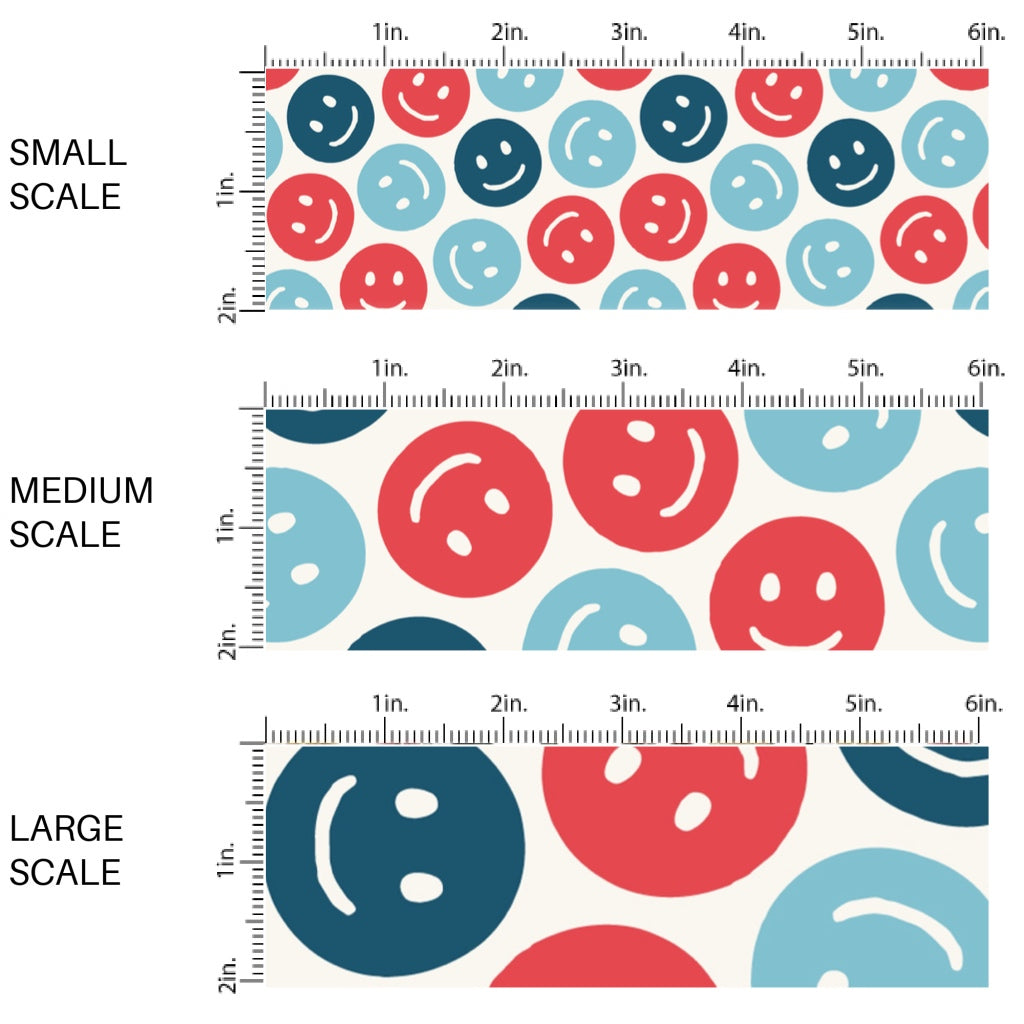 This scale chart of small scale, medium scale, and large scale of this 4th of July fabric by the yard features patriotic red and blue smiley on cream. This fun patriotic themed fabric can be used for all your sewing and crafting needs!