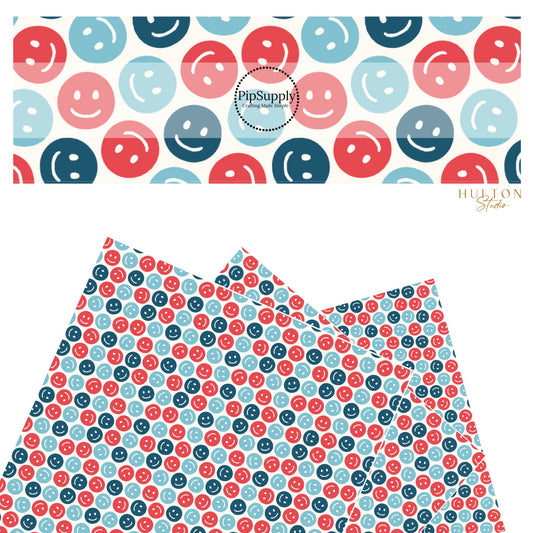 These 4th of July faux leather sheets contain the following design elements: patriotic red and blue smiley on cream. Our CPSIA compliant faux leather sheets or rolls can be used for all types of crafting projects.